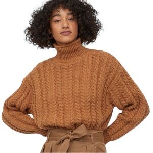 H&M Oversized Slightly Cropped Soft Cable Knit Sweater in Caramel